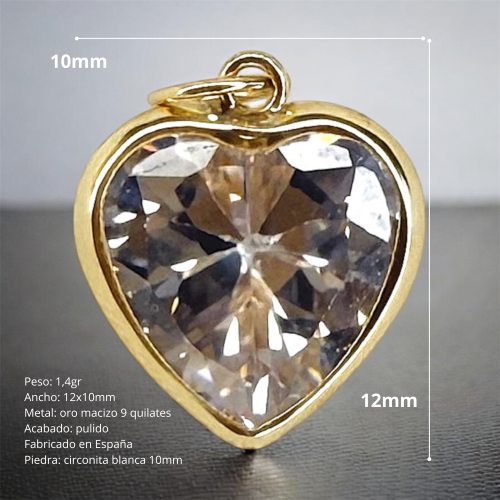 Colgante oro 9k con circonita talla corazón 10mm
